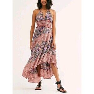 Free People Gabrielle Slip Dress Maxi Halter Festival Boho Floral Resortwear NEW